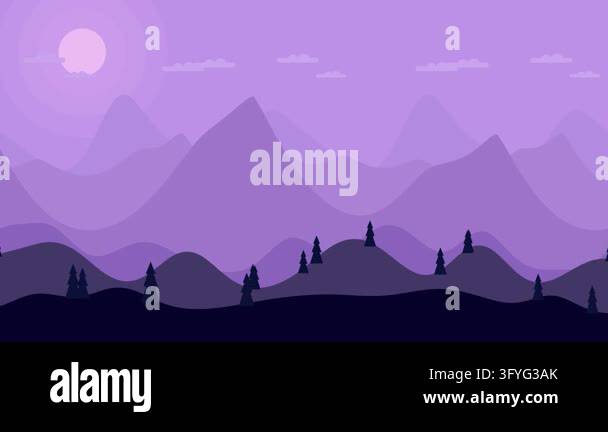 Purple vector illustration with layered mountains and pine trees under ...