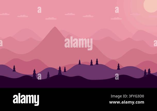 Minimalist vector illustration featuring purple mountains and pine ...