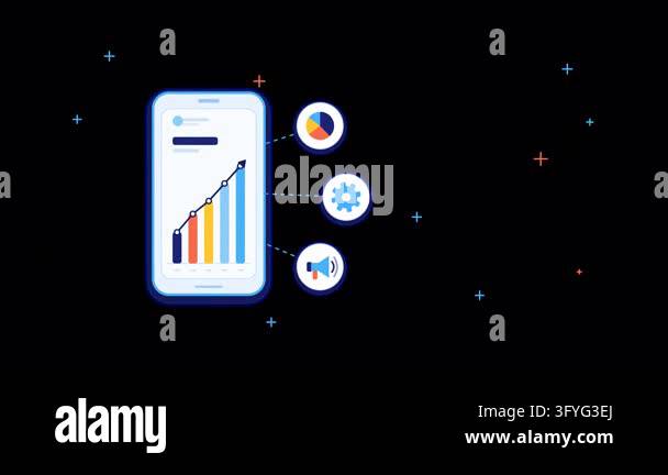 Flat vector smartphones showing rising bar graphs and marketing icons ...