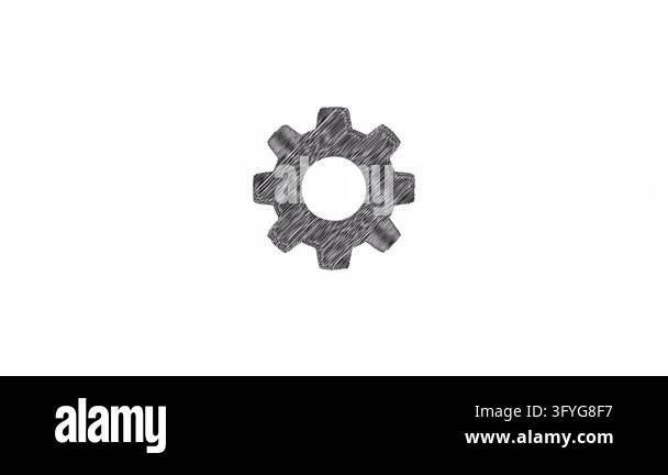 Single hand drawn gear icon rotating on an isolated white background ...
