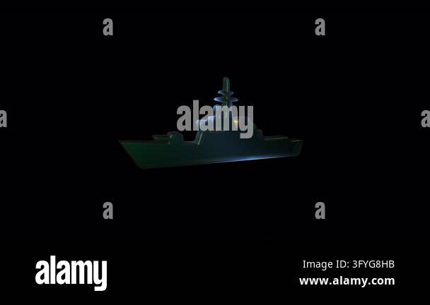 Military battleship with holographic projection effect rotating. Three ...
