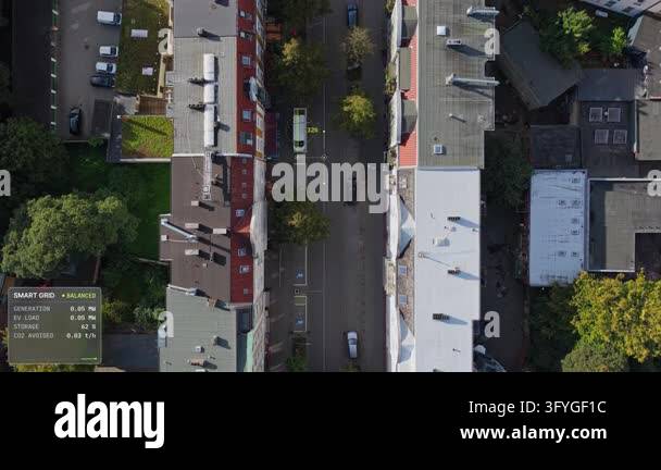 Aerial top down tracking shot over Hamburg, Germany: flat residential ...