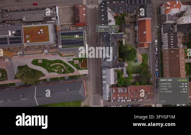 Aerial top down tracking shot over Oslo, Norway: rooftop solar panels ...
