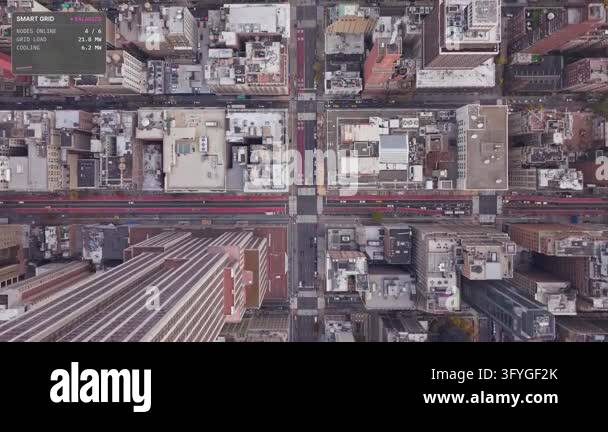 Aerial top down tracking shot over New York, USA: Midtown street grid ...