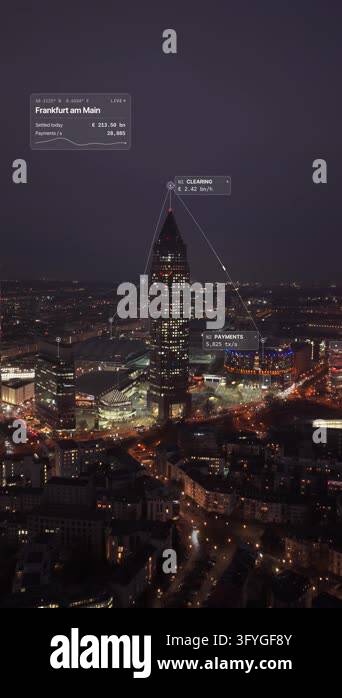 Data Information Pyramid Portrait format drone footage for social media: Frankfurt at night, a ...