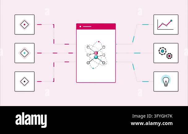 Data processing workflow diagram with analytics icons and central hub ...