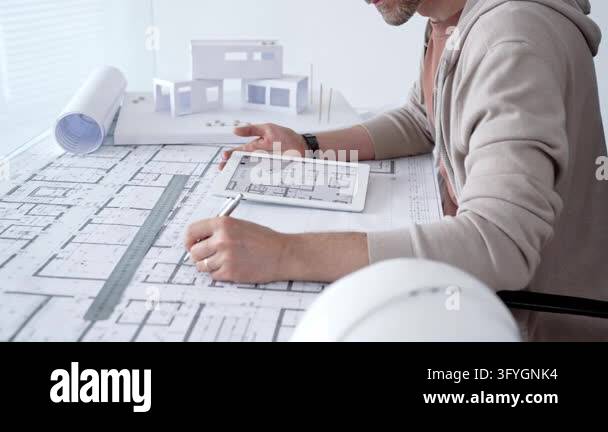 Architect reviews building plans on a digital tablet amid paper ...