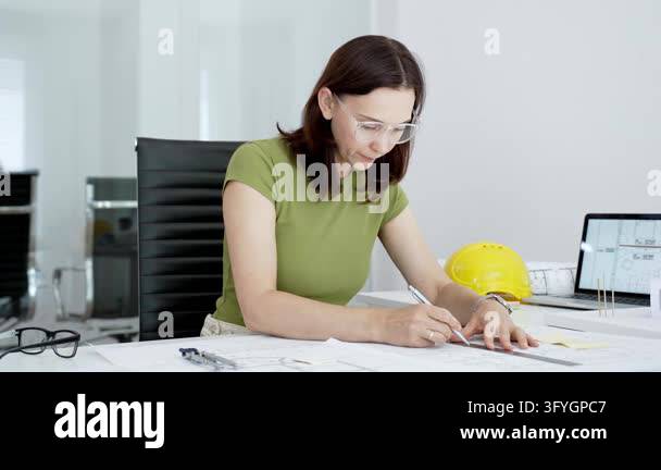 Woman architect actively drafting architectural plans and engineering ...