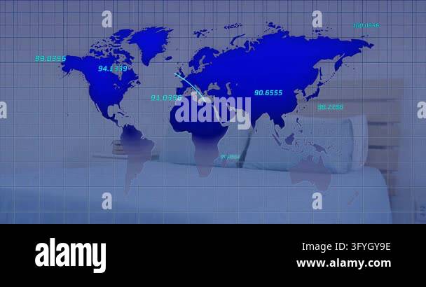 Digital map overlay initiating data feed animating arcs and labels ...