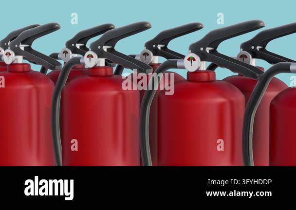 A row of red 3D fire extinguishers lined up in staggered formation ...