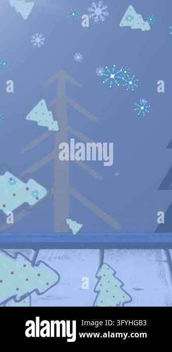 Animation of snowflakes and christmas tree icons falling over wooden ...