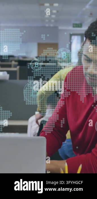 People Discussing Map Discussing cryptocurrency, people analyzing digital world map with ...