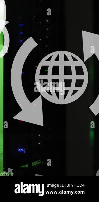 Animation of multiple web globe icons floating against computer server ...