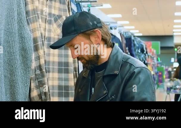 Baseball Men Vector Male shopper in black baseball cap and leather jacket at clothing store ...