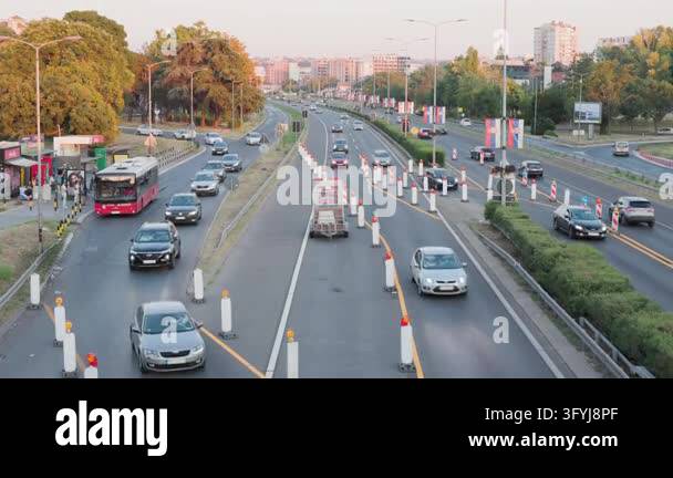 August 4, 2026, Belgrade, Serbia: Busy city traffic driving on a multi ...