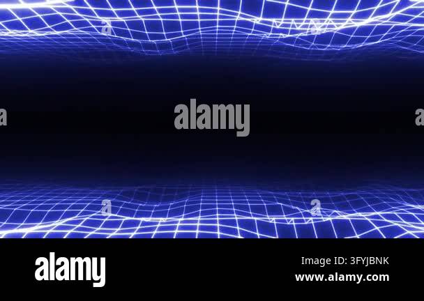 Slow movement through a glowing blue wireframe grid. Smoothly looped ...