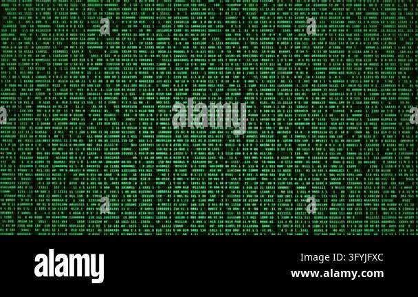 Green binary code streams across the screen in a digital matrix display ...