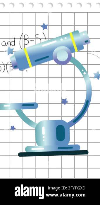 Animation of mathematical equations over telescope icon against square ...