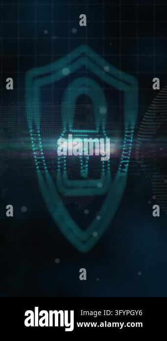 Animation of white spots over security padlock icon against spinning ...