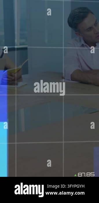 Animation of data processing over diverse colleagues talking in office ...