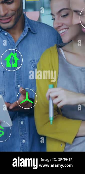 Animation of ecology icons over diverse colleagues using tablet in ...