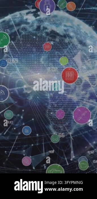 Animation of network of digital icons and network of connections over ...