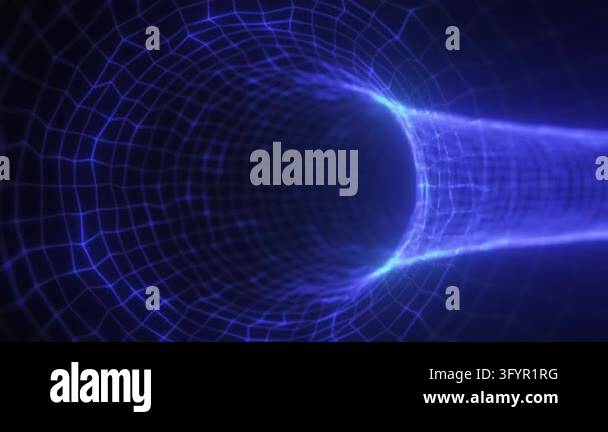 Glowing blue wireframe tunnel leading into a dark sphere Stock Video ...
