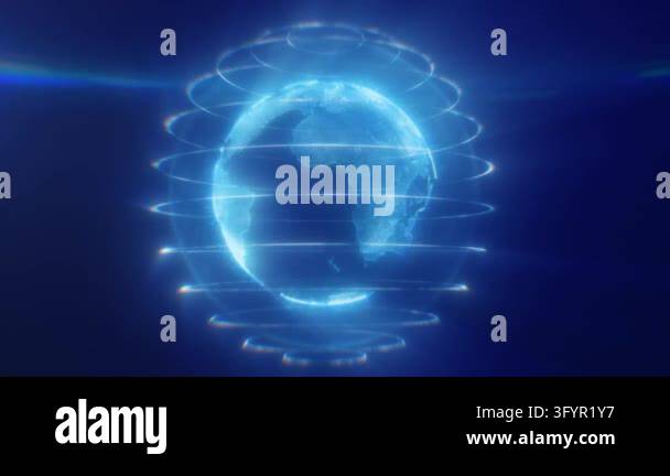 A digital representation of blue Earth with glowing lines encircling ...