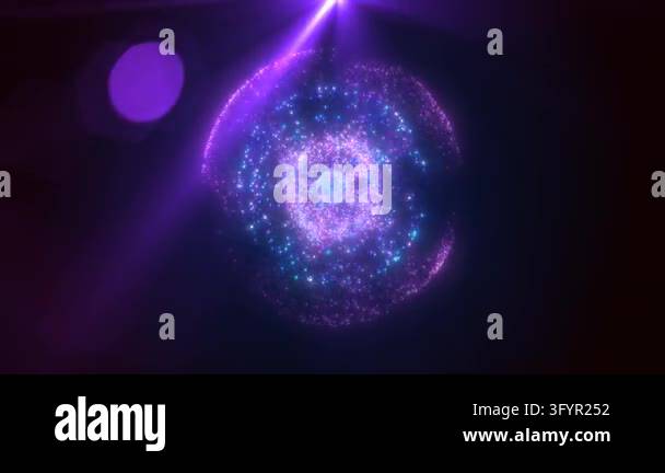 Abstract round purple sphere glowing energy magic molecule with atoms ...