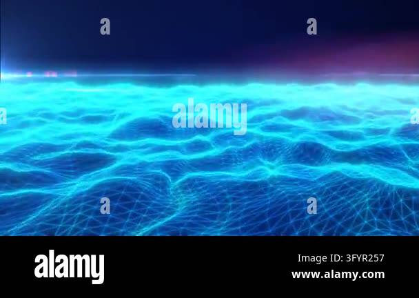 Futuristic cyan wireframe wave landscape with glowing polygon grid and ...