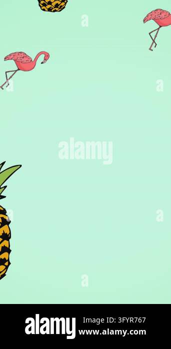 Animation of flamingo icons over pineapples icons. Abstract background ...