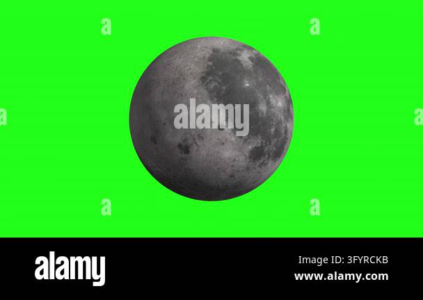 Realistic moon rotates on green screen. Surface shows craters and ...
