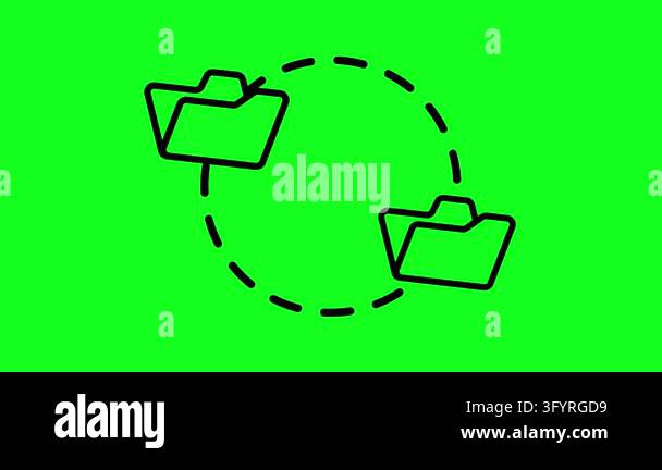 Green screen shows two folder icons in motion. Dashed line connects ...