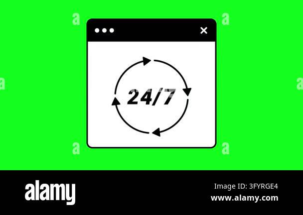 Green screen shows web browser icon. Circular arrow surrounds 24/7 text ...