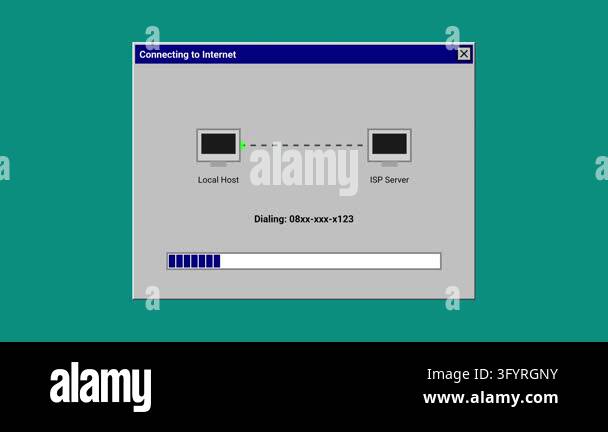 A vintage 1990s style computer interface showing a dial up internet ...
