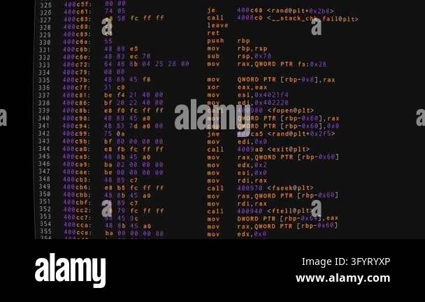 Assembly code scrolling on dark computer screen, programming and ...