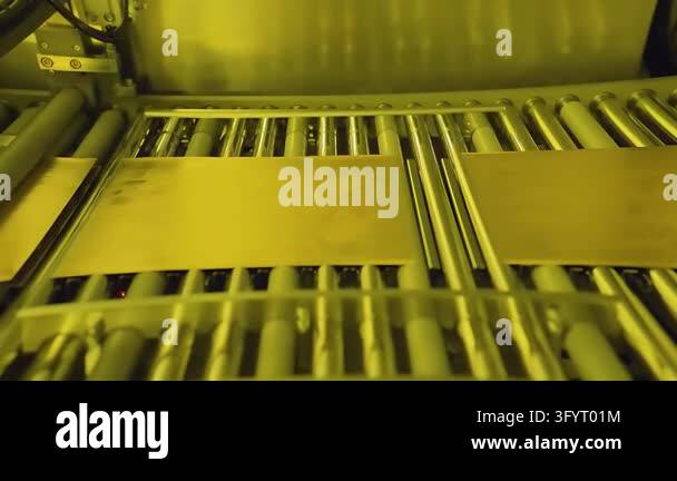 Cleanroom 360 Copper circuit board panels moving on roller conveyor. PCB ...