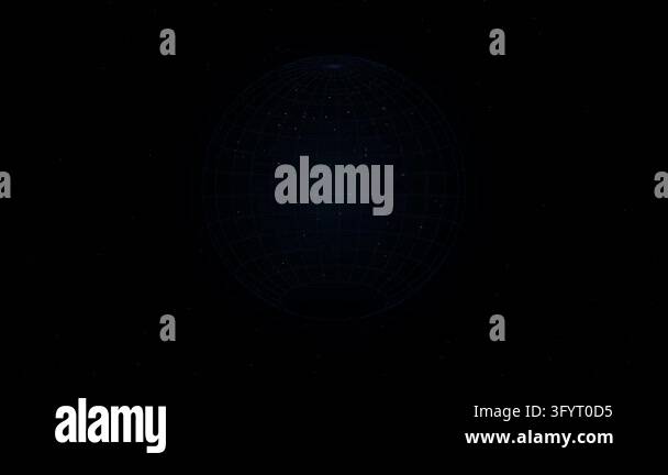 A dark digital animation features a rotating blue wireframe sphere with ...