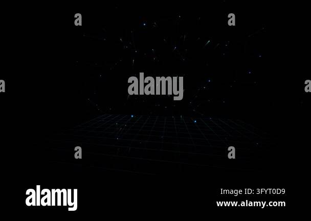 A glowing blue digital grid floor emits rising streaks of light and ...