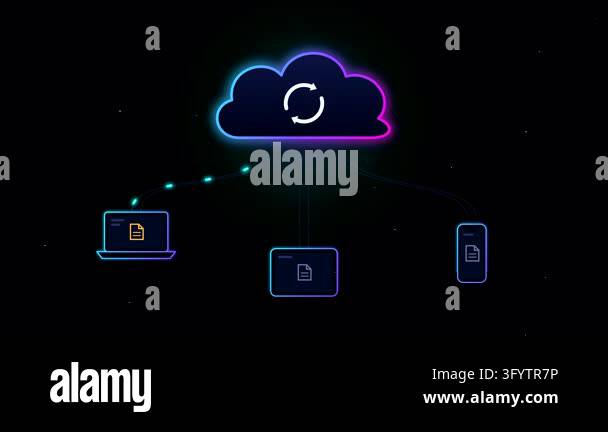 Cloud computing data synchronization animation loop connecting multiple ...