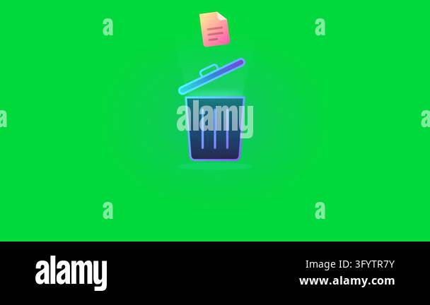 Animated trash can icon with falling document file on a vibrant green ...