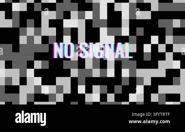 a pixelated, monochrome static background with a central box reading ...