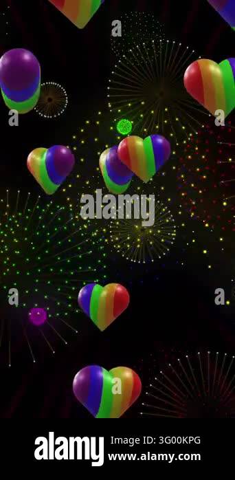 Animation of pride rainbow hearts and fireworks exploding on black ...