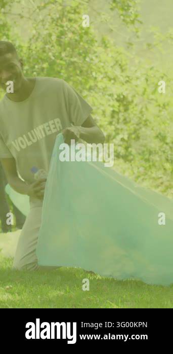 Animation of bottle icons over diverse volunteers segregating waste ...