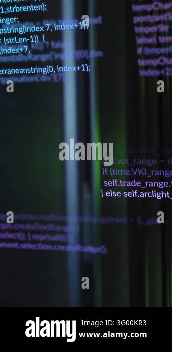 Computer code animation over person standing near glass wall ...