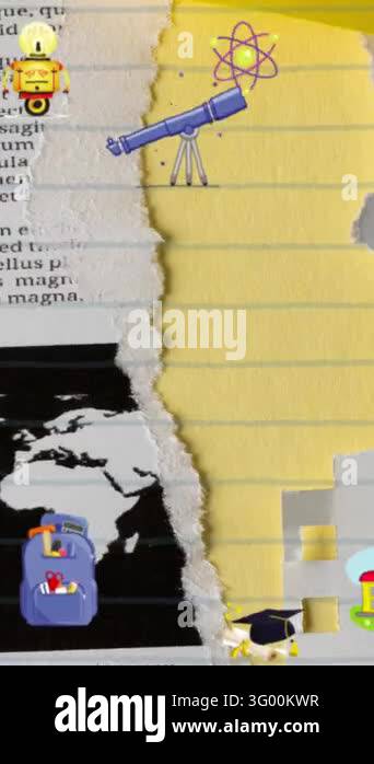 Animation of school icons over paper collage. School, education and ...