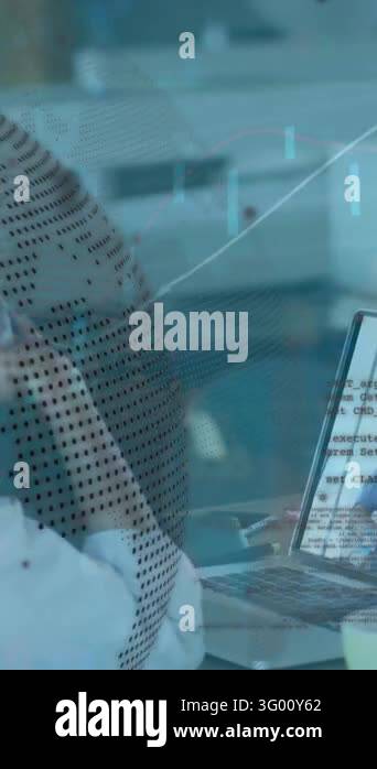 Animation of graphs, globe and data over woman having video call on ...