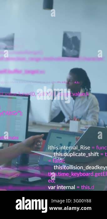 Animation of data processing over diverse colleagues discussing work in ...