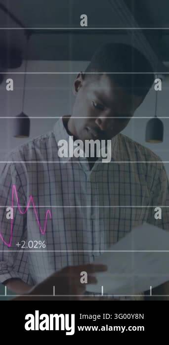 Animation of data processing and diagrams over diverse colleagues ...