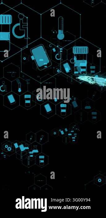 Animation of medical icons and digital human on black background ...